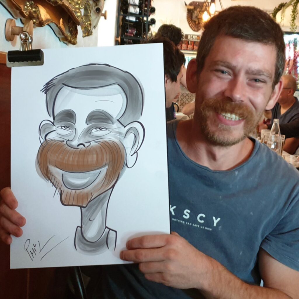 lady with poka dots with caricature at melbourne wedding