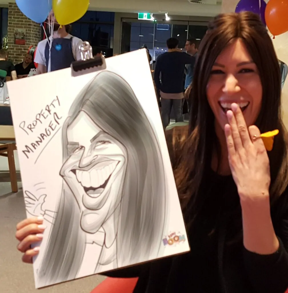 lady with poka dots with caricature at melbourne wedding