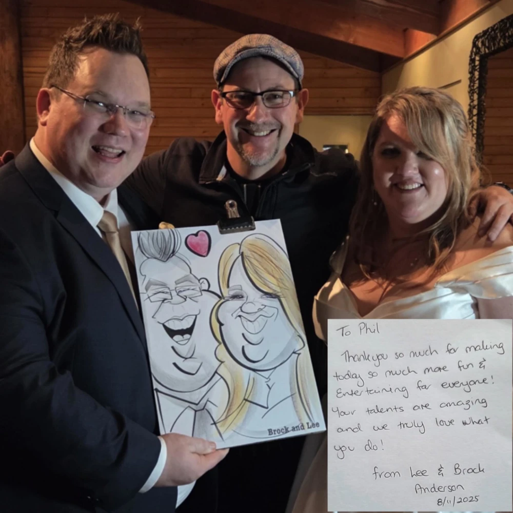 happy bride and groom with live caricature artist Phil
