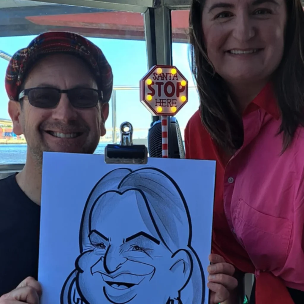 bearded man at christmas party with caricature
