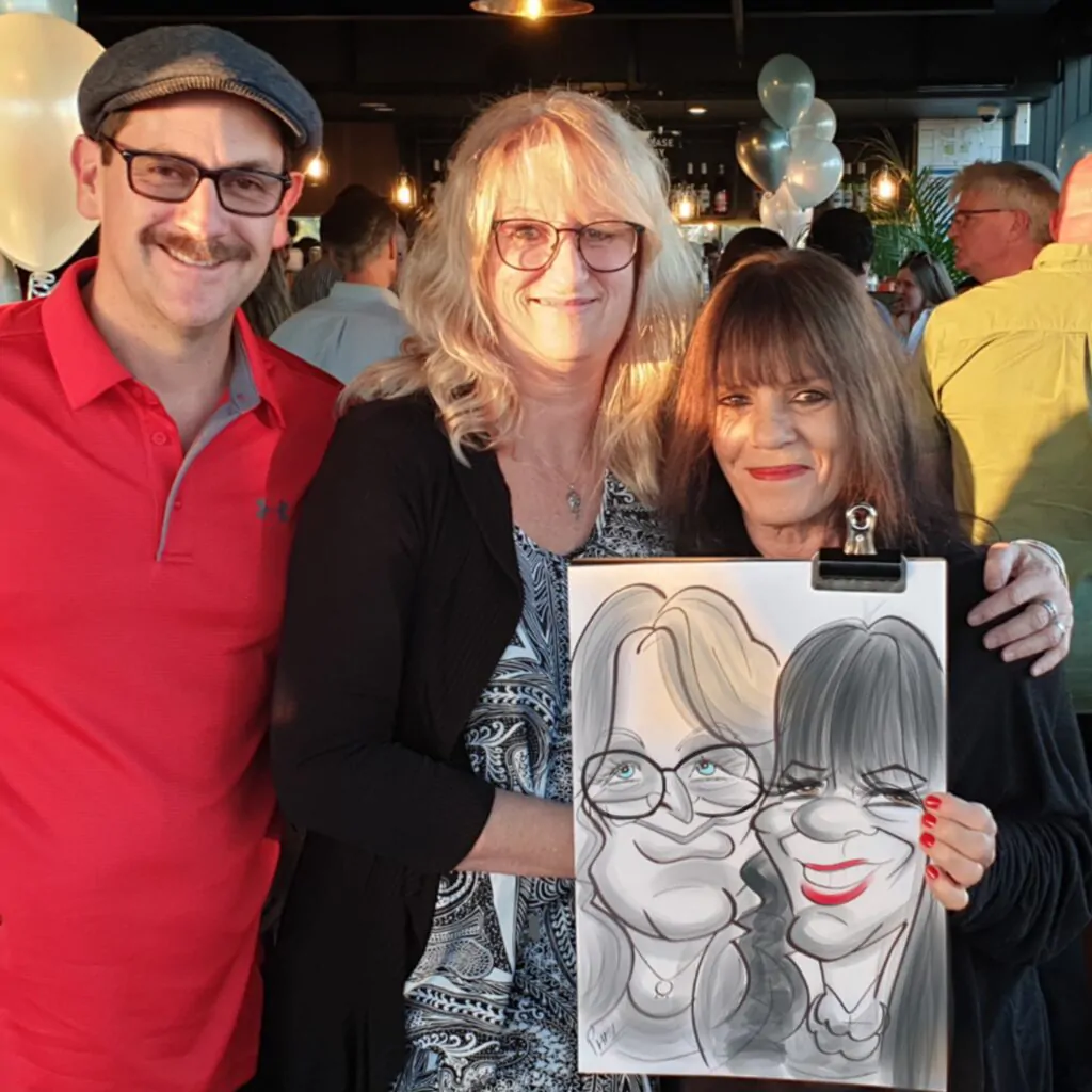 happy wedding couple with their live caricature