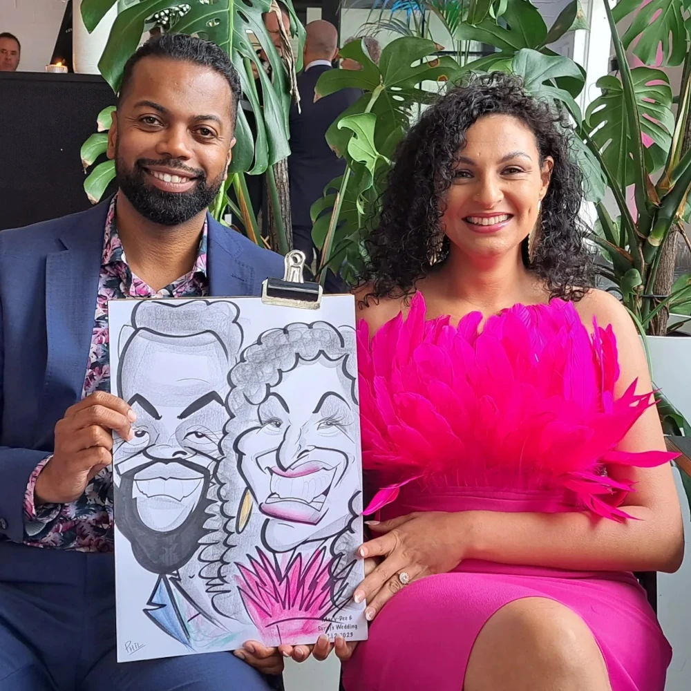 lady with poka dots with caricature at melbourne wedding