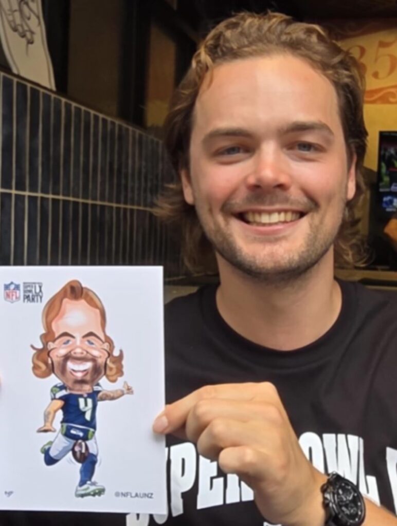 lady with poka dots with caricature at melbourne wedding