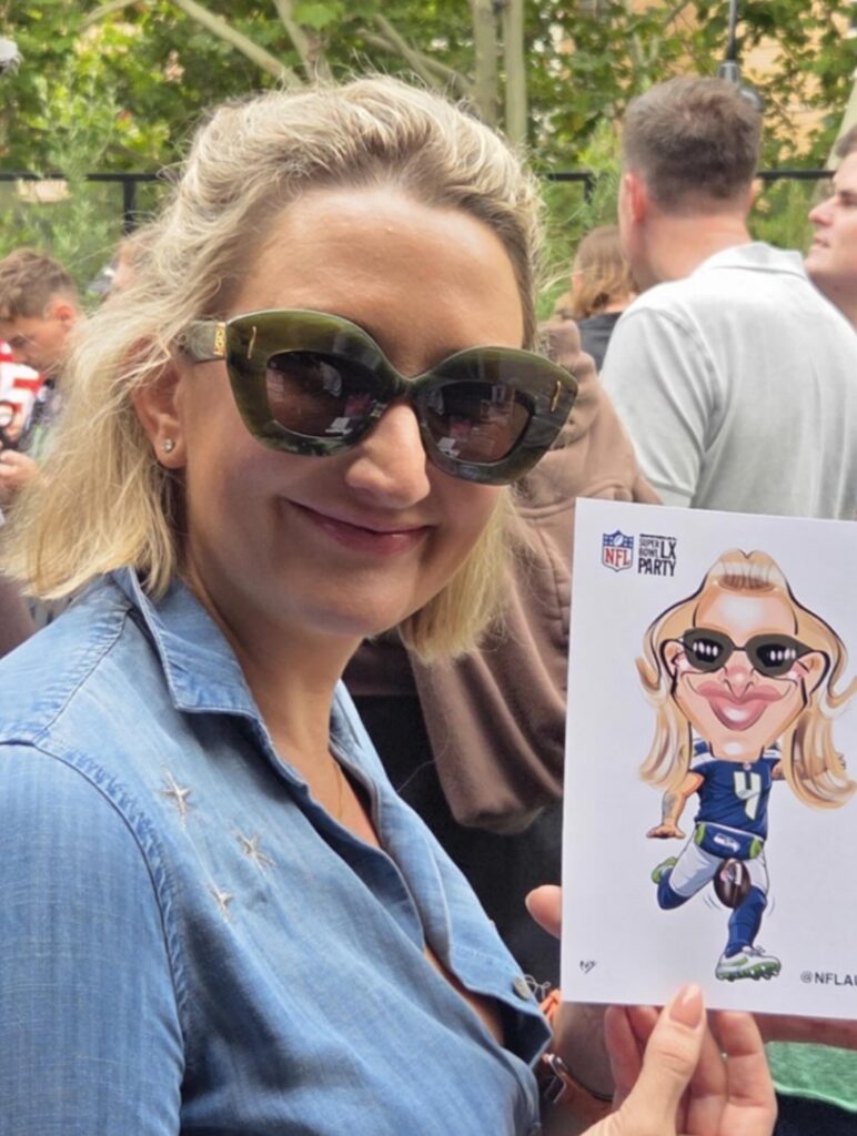 lady with poka dots with caricature at melbourne wedding